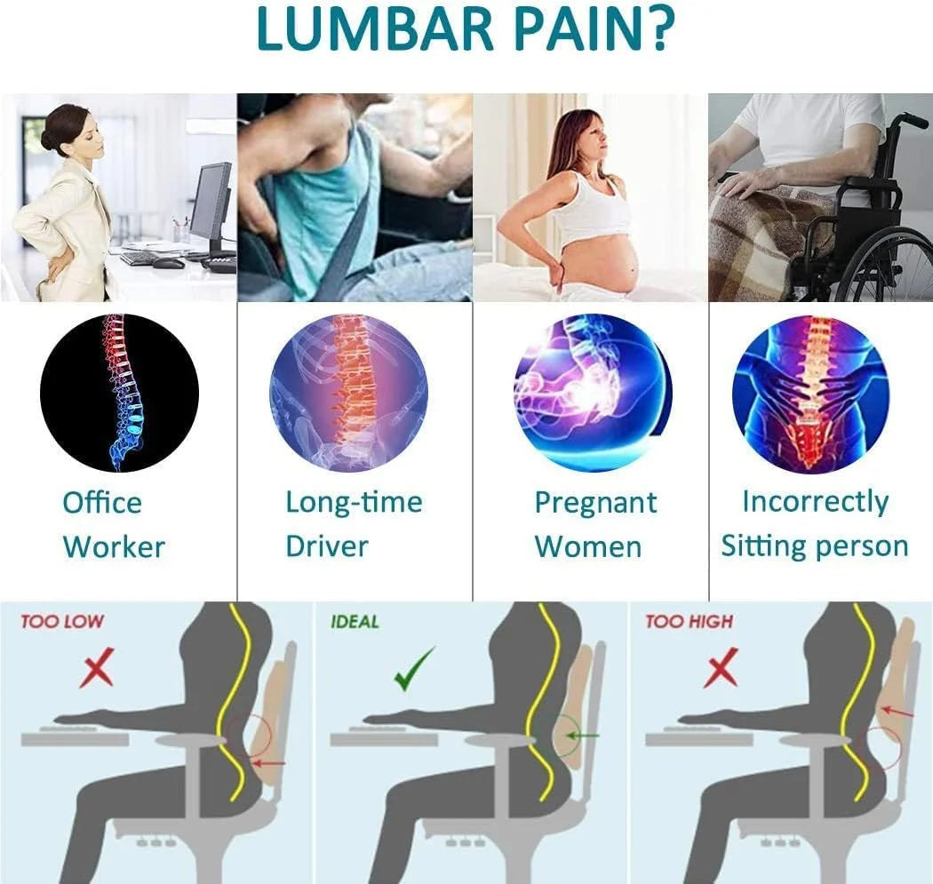 Lumbar Support Pillow for Office Chair Car, Ergonomic Memory Foam Back Cushion for Pain Relief Backrests Black